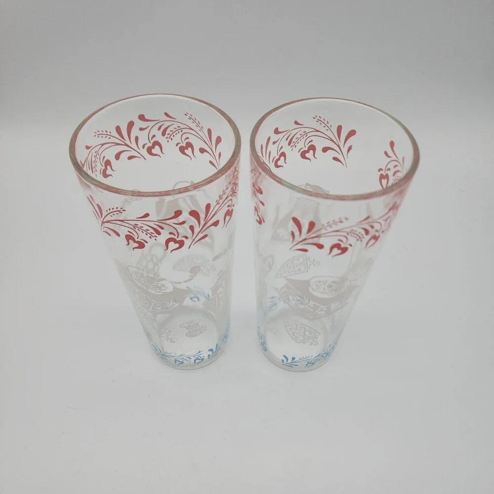 Hazel Atlas Kitchen Aids Iced Tea Tumblers 16oz Drinking Glasses Pink White Blue